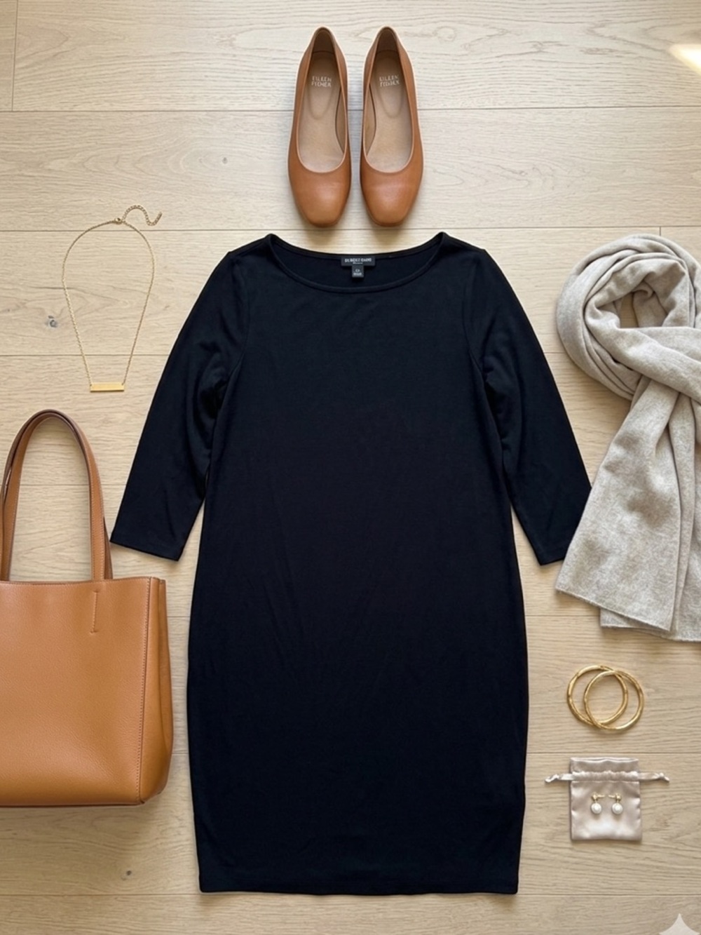 Eileen Fisher Black 3/4 Sleeve Knit Dress L XL